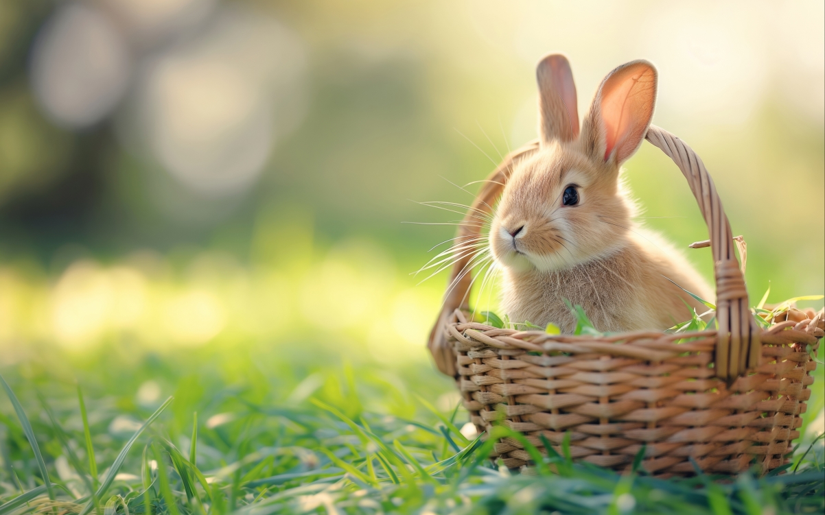 小兔子 篮子 绿草地 4K壁纸3840×2400